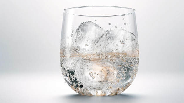 A glass of sparkling water with ice cubes in it