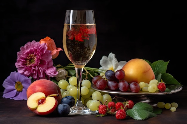 Glass of sparkling wine with fruit and flowers created with generative ai