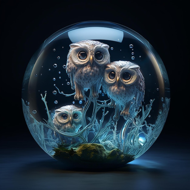 Glass Sphere Art Owls Below Jellyfish Above in a Captivating Composition