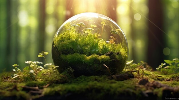 森の草と太陽の中のガラス球