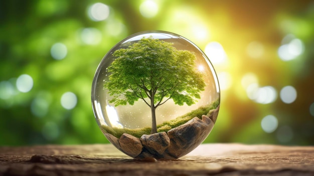 Glass sphere and green tree nature's beauty and environmental protection