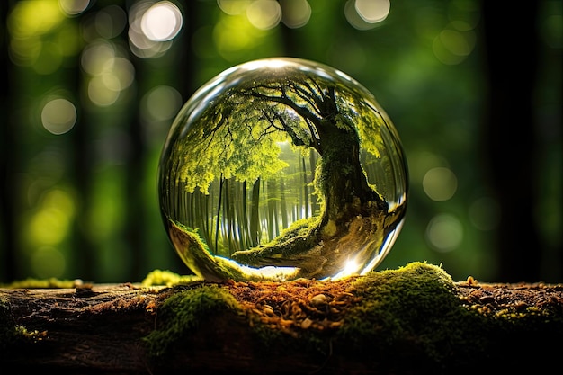 Photo a glass sphere of pure dew drops in a forest on earth is a ball with an internal microclimate a clean environment protecting the ecology of the planet ai generated