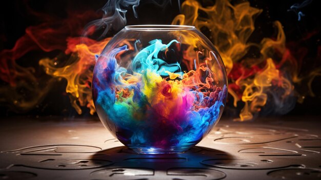 Photo glass sphere with colorful smoke in it