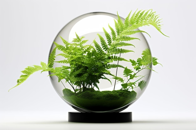 a glass sphere with ferns inside