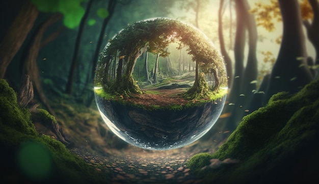 A glass sphere with a forest scene in the background.