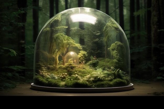 Glass sphere with green tree and grass inside on against the background of the woodland the concept of forest ecosystem conservation generative ai