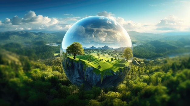 a glass sphere with a landscape in it