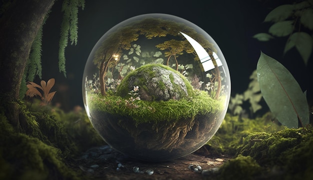 A glass sphere with a mossy tree inside.