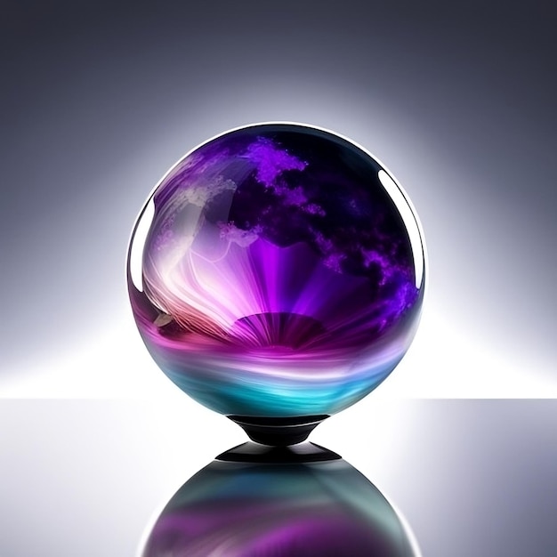 a glass sphere with a purple and blue design