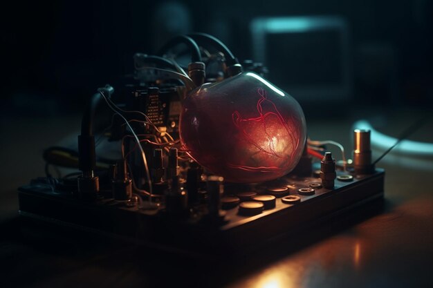 A glass sphere with a red heart inside sits on a dark table.