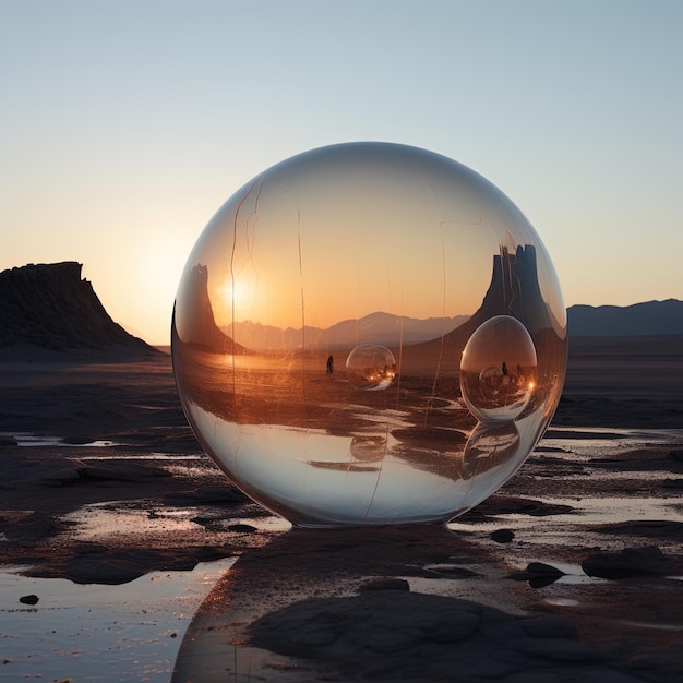 A glass sphere with a reflection of a building in the background