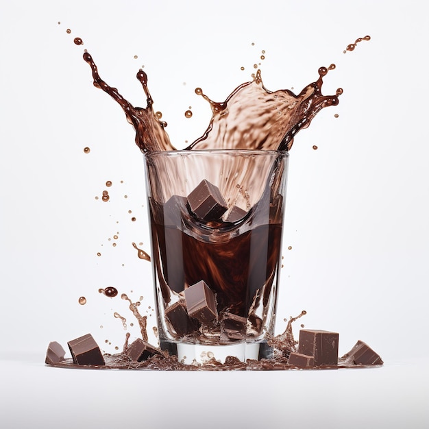 Glass of splashing Cock or chocolate with ice cube isolated on white background