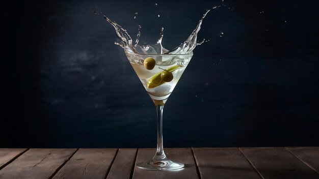 glass of splashing martini with olive
