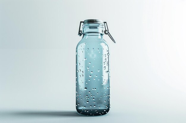 Photo glass sport water bottle with metal top and drops on white background