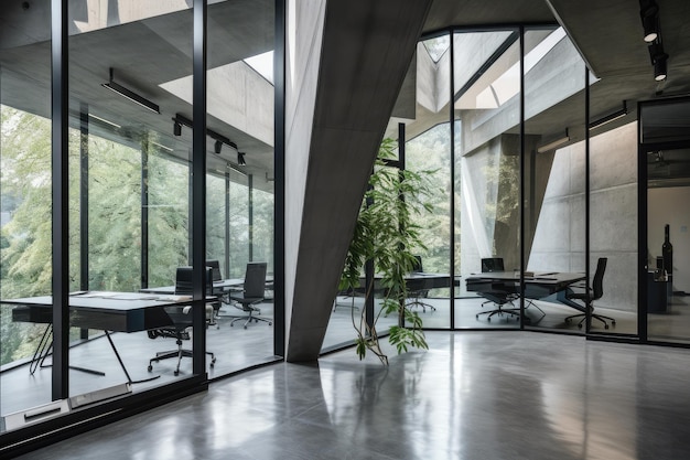 Glass steel and concrete in modern architectural office space