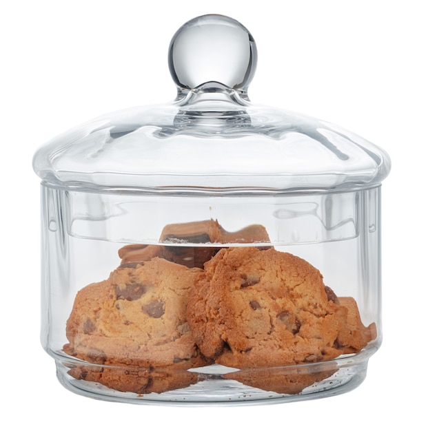 Glass storage jar for cookies isolated on white