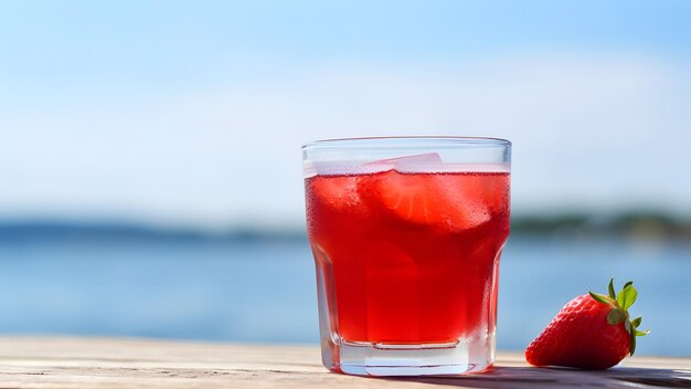 A glass of strawberries cold refreshing drink on sea background at sunny summer day neural network generated image