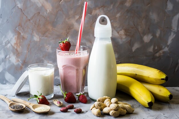 A glass of strawberry-banana smoothie among the ingredients for its preparation