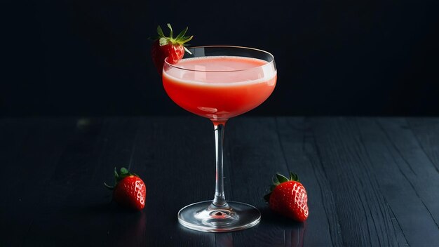 Glass of strawberry cocktail on a black