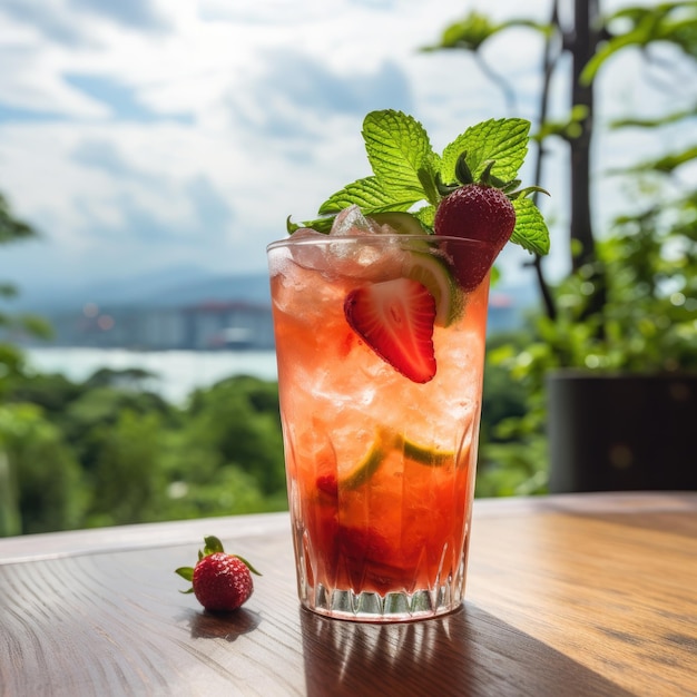 a glass of strawberry cocktail with a strawberry and a strawberry.