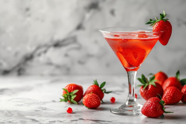 A glass of strawberry daiquiri cocktail and fresh strawberries on the table