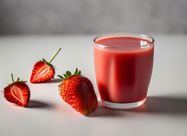 A glass of strawberry juice next to a glass of strawberries.