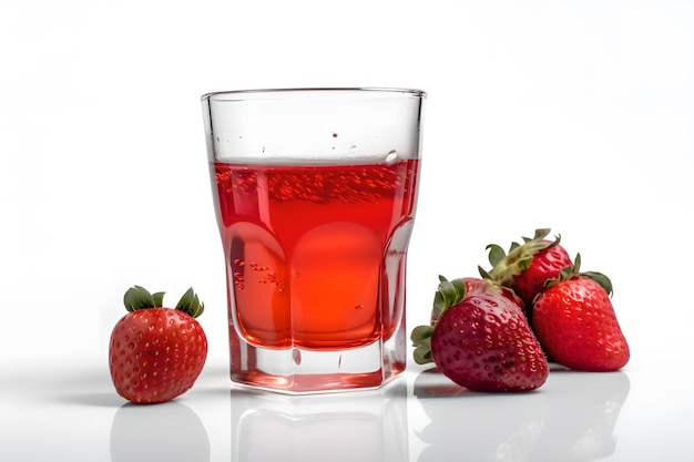 A glass of strawberry juice next to a glass of strawberry juice.