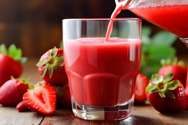 A glass of strawberry juice is poured into a glass.