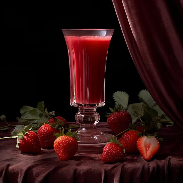 A glass of strawberry juice sits on a table with a red curtain behind it.