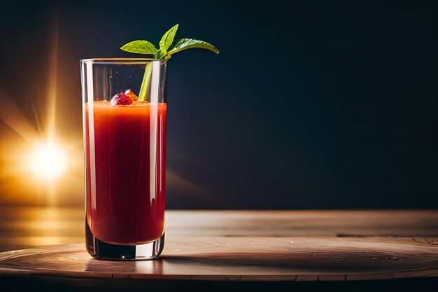 A glass of strawberry juice with a green leaf on it