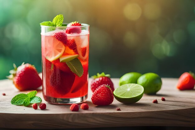 A glass of strawberry juice with limes and limes