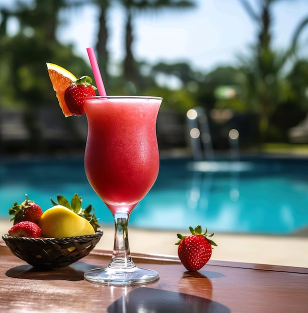A glass of strawberry juice with pool background