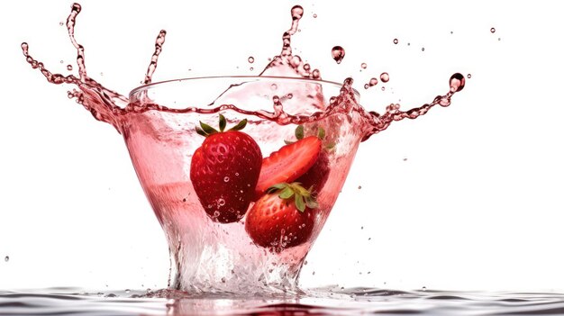 Photo a glass of strawberry juice with a splash coming out of the glass on a white background