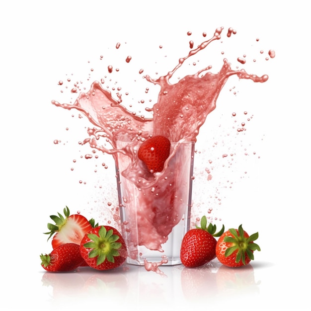 A glass of strawberry juice with a splash of water and a strawberry on it.