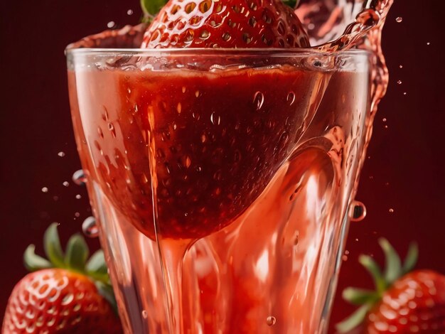 a glass of strawberry juice with strawberries in it