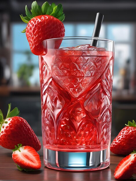 옆에 딸기가 있는 딸기 주스 한 잔