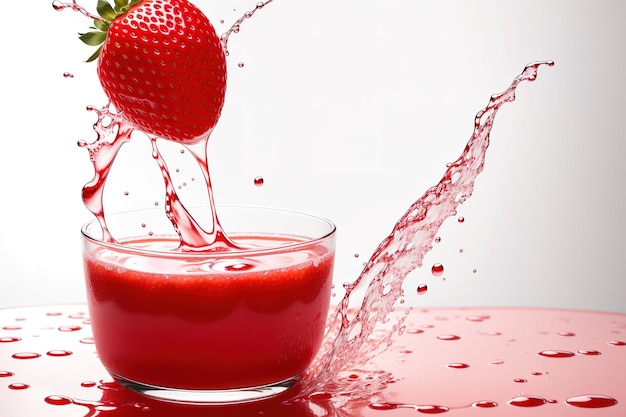 A glass of strawberry juice with a strawberry on it