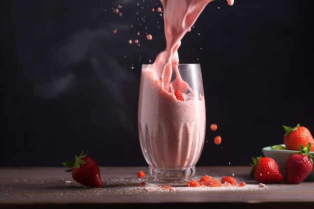 A glass of strawberry milk being poured into a glass