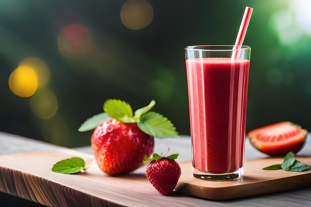 A glass of strawberry milk with strawberries and strawberries on a wooden board.