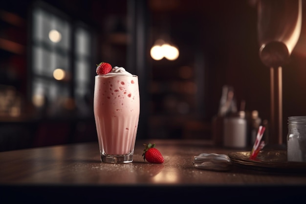 A glass of strawberry milkshake sits on a table with a plate of strawberries on the table.