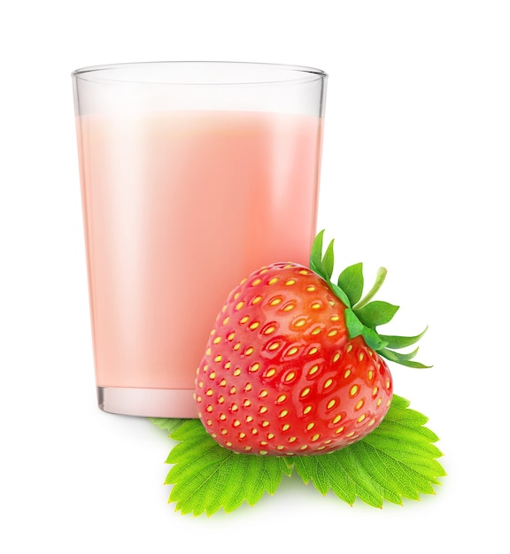 Glass of strawberry milkshake and strawberry fruit isolated on white