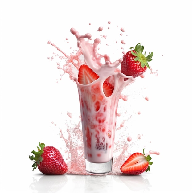 A glass of strawberry milkshake with a splash of strawberry on it.