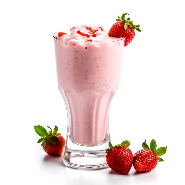 A glass of strawberry milkshake with strawberries on the side.