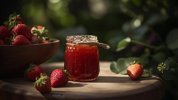 A glass of strawberry sauce sits on a table with strawberries on the table.