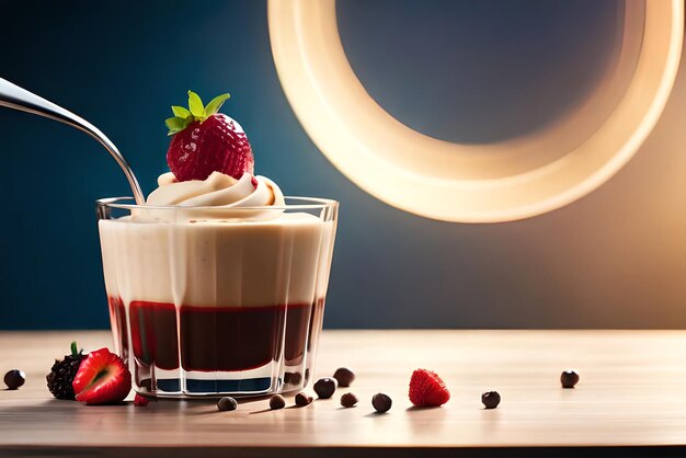 A glass of strawberry shortcake with whipped cream and a spoon