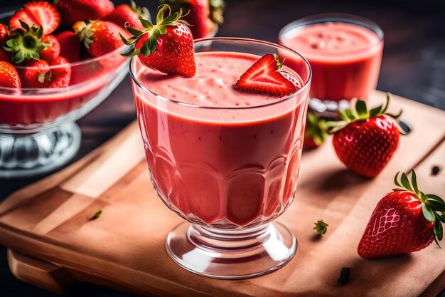 A glass of strawberry smoothie next to a bowl of strawberries.