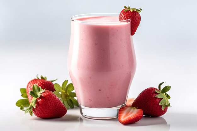 A glass of strawberry smoothie next to a pile of strawberries.