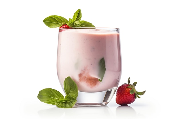 A glass of strawberry smoothie next to a strawberry.