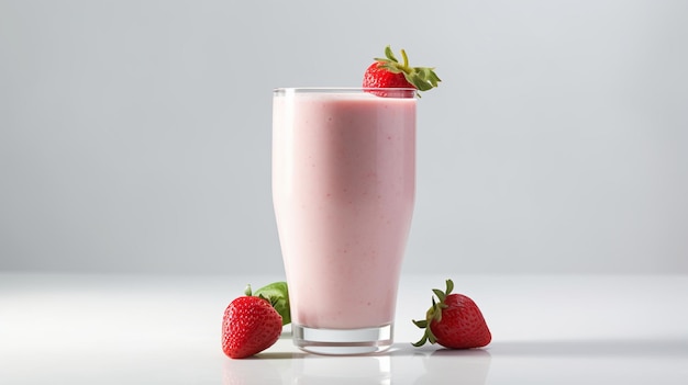 A glass of strawberry smoothie with a few strawberries on the side.