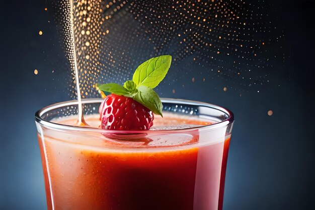 a glass of strawberry smoothie with a green leaf on the top.